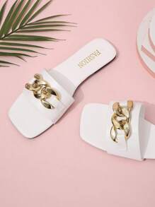 時尚白色涼鞋適用於女士鏈條裝飾涼拖 - 白色 - 查看 3
