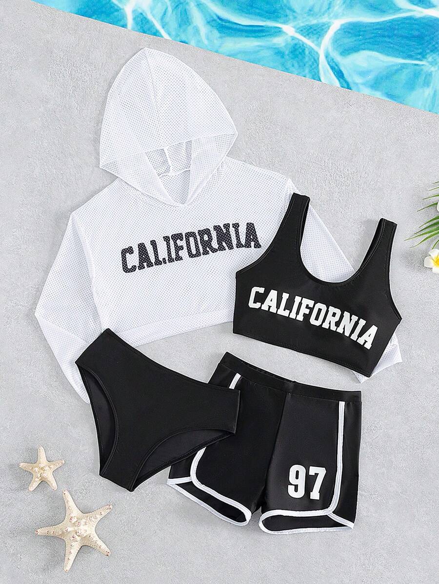 Tween Girl 4 件套字母图案比基尼套装带罩衫夏季海滩 - 黑與白 - 查看 1