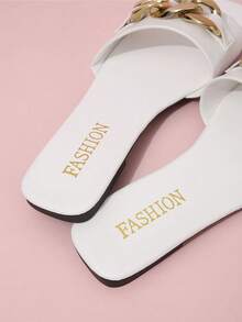 時尚白色涼鞋適用於女士鏈條裝飾涼拖 - 白色 - 查看 5