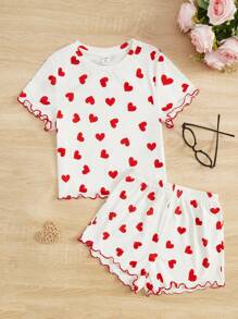 SHEIN Tween Girl Heart Print Lettuce Trim PJ Set - Red and White - View 1