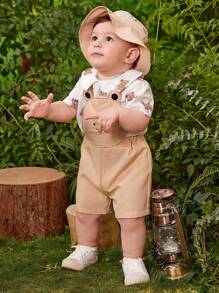 Baby Boy Bear Print Top & Overall Shorts & Hat - Multicolor - View 5
