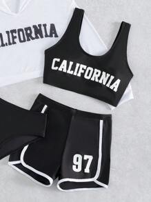 Tween Girl 4 件套字母图案比基尼套装带罩衫夏季海滩 - 黑與白 - 查看 4