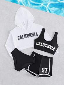 Tween Girl 4 件套字母图案比基尼套装带罩衫夏季海滩 - 黑與白 - 查看 5
