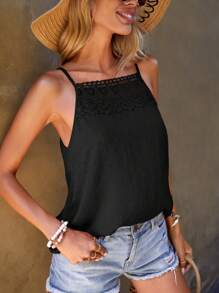 SHEIN Clasi Áo khoác và áo lót dành cho xe tăng nữ Tương phản ren màu trơn Giải trí - màu đen - Xem 4