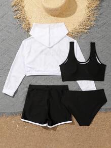 Tween Girl 4 件套字母图案比基尼套装带罩衫夏季海滩 - 黑與白 - 查看 7