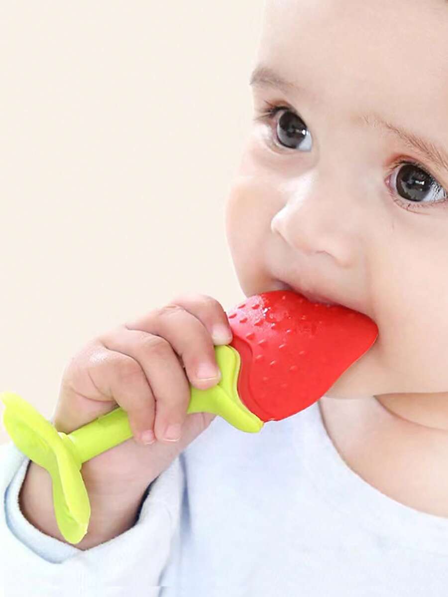 Baby Strawberry Shaped Silicone Teether - Red - View 1