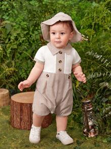 Baby Boy Striped Print Button Front Romper & Hat - Multicolor - View 1