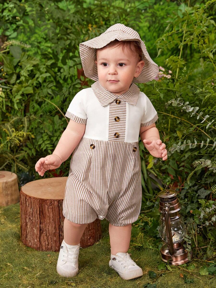 Baby Boy Striped Print Button Front Romper & Hat - Multicolor - View 1
