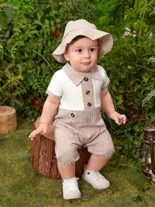 Baby Boy Striped Print Button Front Romper & Hat - Multicolor - View 4