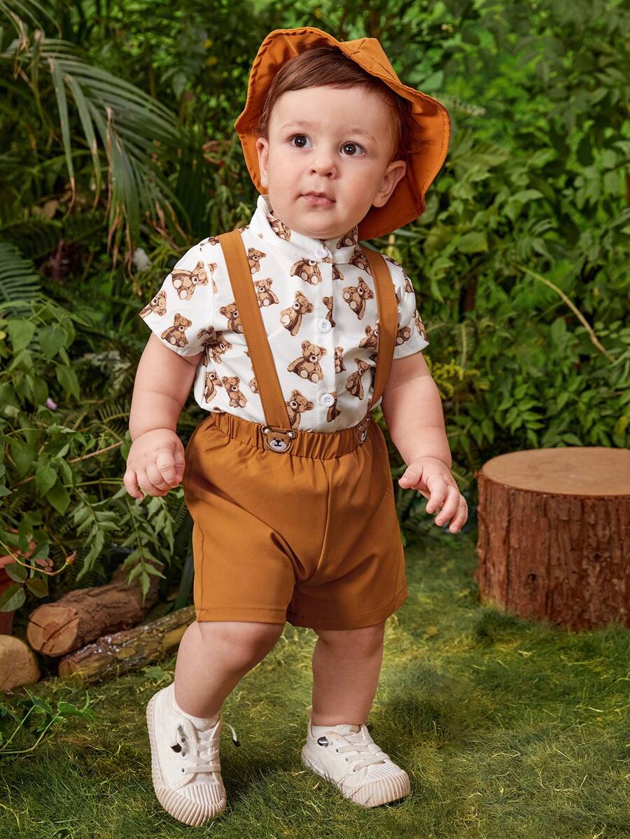 嬰兒男孩3件套可愛的熊紋襯衫,背帶褲和帽子裝扮