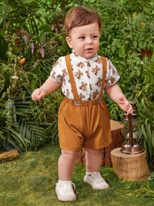 嬰兒男孩3件套可愛的熊紋襯衫,背帶褲和帽子裝扮