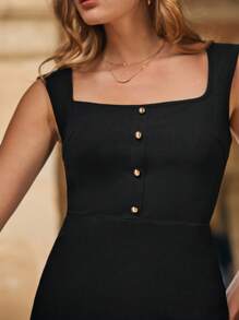 SHEIN Frenchy 前紐扣方領連衣裙 - 黑色 - 查看 5