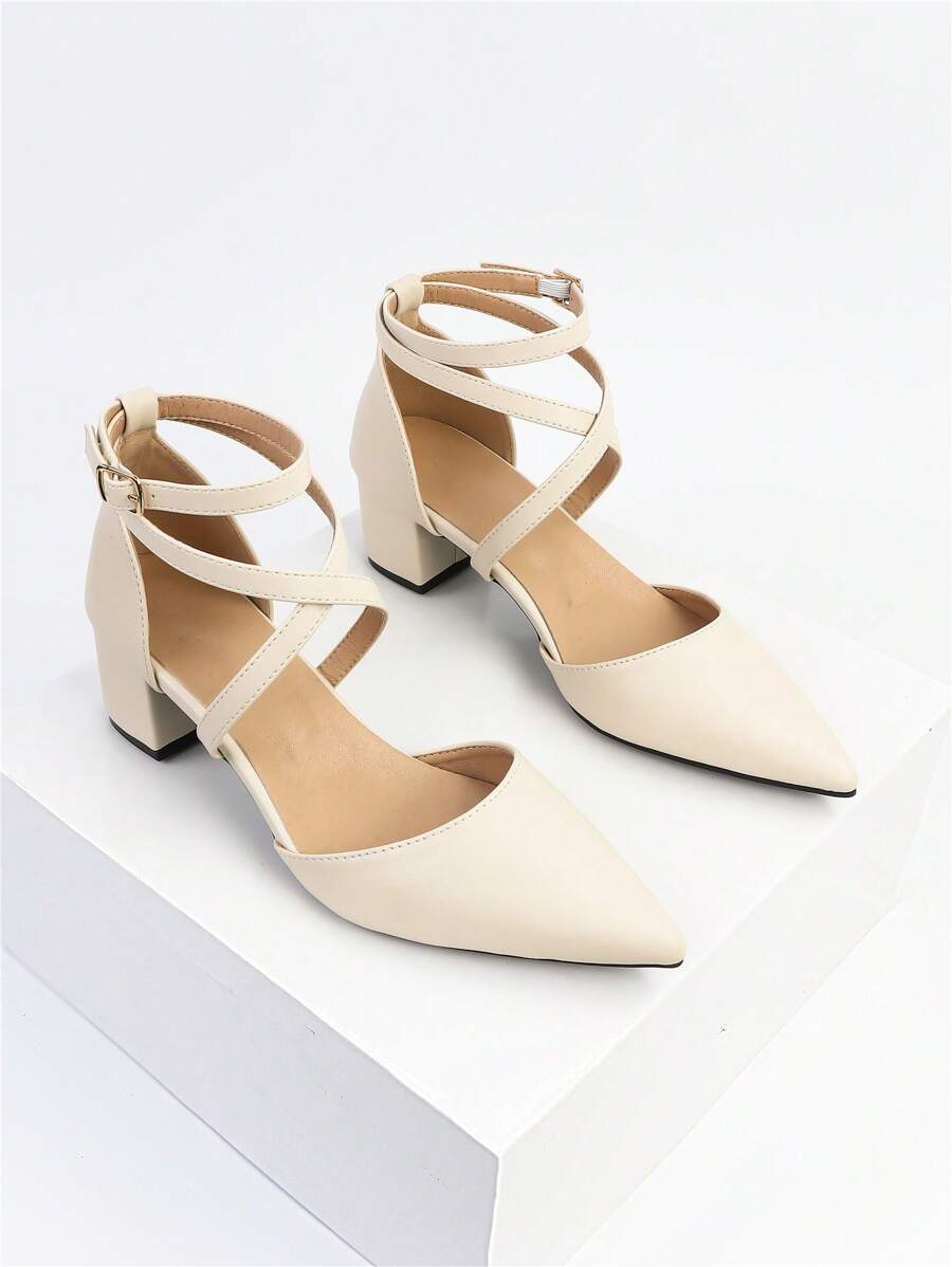 Elegant Beige Pumps For Women, Minimalist Point Toe Chunky Heeled Ankle Strap Pumps - Beige - View 1