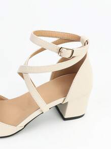 Elegant Beige Pumps For Women, Minimalist Point Toe Chunky Heeled Ankle Strap Pumps - Beige - View 4