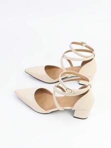Elegant Beige Pumps For Women, Minimalist Point Toe Chunky Heeled Ankle Strap Pumps - Beige - View 6