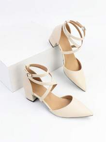 Elegant Beige Pumps For Women, Minimalist Point Toe Chunky Heeled Ankle Strap Pumps - Beige - View 7