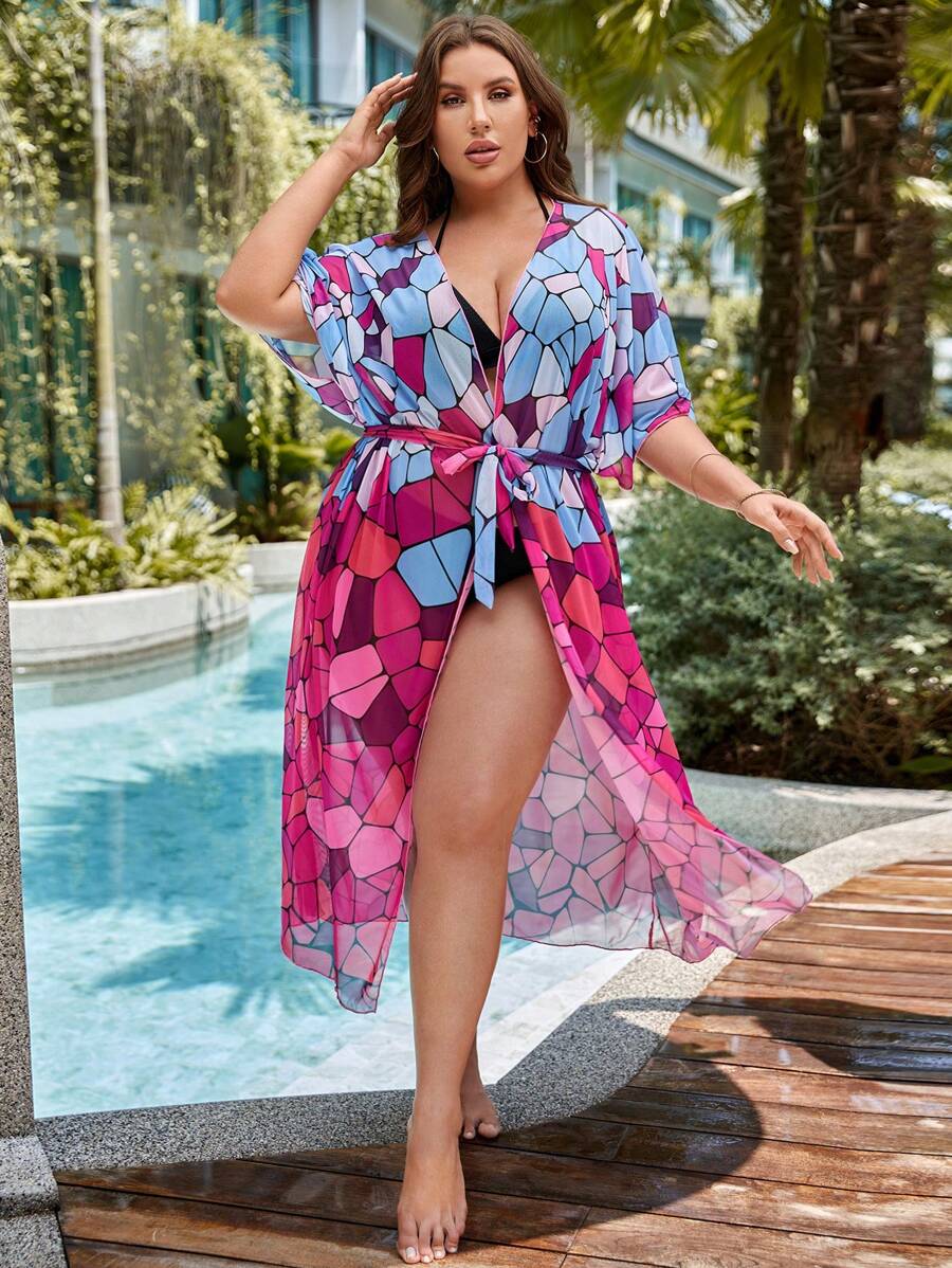 SHEIN Swim Curve Kimono họa tiết địa lý toàn thân cỡ lớn mùa hè có thắt lưng - Nhiều màu - Xem 1