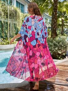 SHEIN Swim Curve Kimono họa tiết địa lý toàn thân cỡ lớn mùa hè có thắt lưng - Nhiều màu - Xem 2
