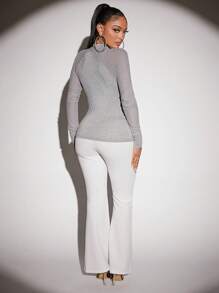 SHEIN SXY Mock Neck Mesh Sleeve Ruched Sleeve Top - Light Grey - View 2