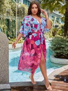 SHEIN Swim Curve Kimono họa tiết địa lý toàn thân cỡ lớn mùa hè có thắt lưng - Nhiều màu - Xem 4