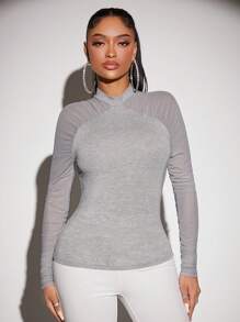 SHEIN SXY Mock Neck Mesh Sleeve Ruched Sleeve Top - Light Grey - View 6