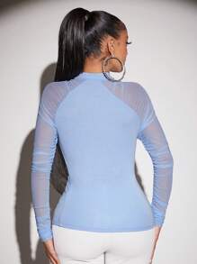 SHEIN SXY Mock Neck Mesh Sleeve Top - Baby Blue - View 3