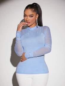 SHEIN SXY Mock Neck Mesh Sleeve Top - Baby Blue - View 6