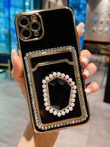 Rhinestone Decor Phone Case With Stand-Out Holder - Black - View 2