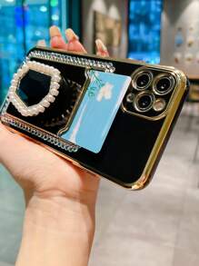 Rhinestone Decor Phone Case With Stand-Out Holder - Black - View 4