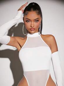 SHEIN SXY Summer;Solid Halter Neck Mesh Insert Bodysuit With Arm Sleeves - White - View 1
