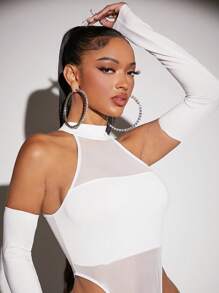 SHEIN SXY Summer;Solid Halter Neck Mesh Insert Bodysuit With Arm Sleeves - White - View 3