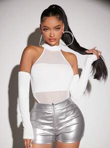 SHEIN SXY Summer;Solid Halter Neck Mesh Insert Bodysuit With Arm Sleeves - White - View 4