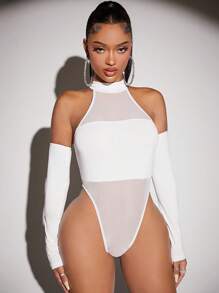 SHEIN SXY Summer;Solid Halter Neck Mesh Insert Bodysuit With Arm Sleeves - White - View 5