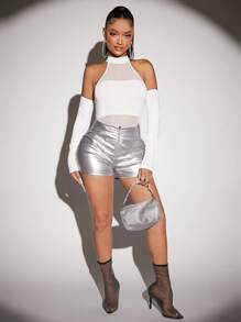 SHEIN SXY Summer;Solid Halter Neck Mesh Insert Bodysuit With Arm Sleeves - White - View 6