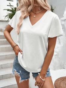 SHEIN LUNE 素色荷葉袖V領T恤 - 白色 - 查看 5