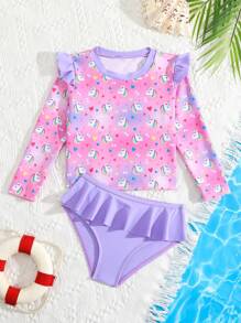 Little Young Girl' Flamingo Print Tankini Top With Long Sleeves, Sun Protection Swimwear Bottoms With Ruffled Hem For Summer - Pink - View 1