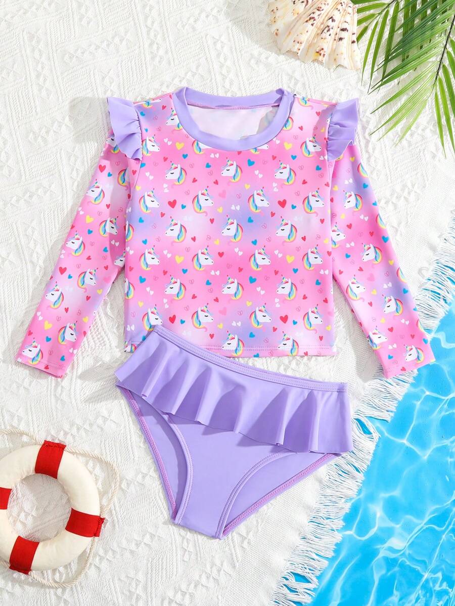 Little Young Girl' Flamingo Print Tankini Top With Long Sleeves, Sun Protection Swimwear Bottoms With Ruffled Hem For Summer - Pink - View 1