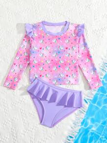 Little Young Girl' Flamingo Print Tankini Top With Long Sleeves, Sun Protection Swimwear Bottoms With Ruffled Hem For Summer - Pink - View 3