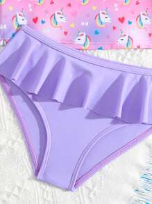 Little Young Girl' Flamingo Print Tankini Top With Long Sleeves, Sun Protection Swimwear Bottoms With Ruffled Hem For Summer - Pink - View 4