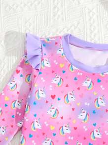 Little Young Girl' Flamingo Print Tankini Top With Long Sleeves, Sun Protection Swimwear Bottoms With Ruffled Hem For Summer - Pink - View 5