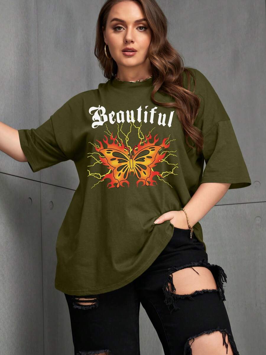 Camiseta de hombros caídos con estampado de mariposa y letra - Verde militar - Ver 1
