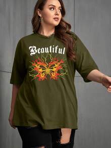 Camiseta de hombros caídos con estampado de mariposa y letra - Verde militar - Ver 4