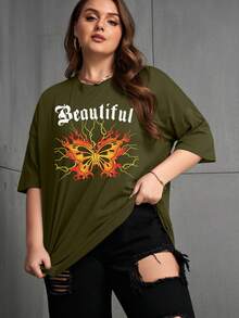Camiseta de hombros caídos con estampado de mariposa y letra - Verde militar - Ver 5