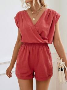 SHEIN LUNE 素色交疊領卷邊連身短褲 - 亮橙色 - 查看 5