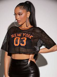 SHEIN SXY Letter Graphic Crop Mesh Top Without Bra