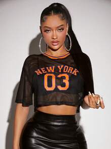 SHEIN SXY Letter Graphic Crop Mesh Top Without Bra