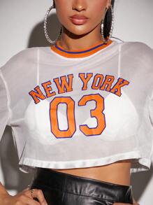 SHEIN SXY 字母圖案條紋飾邊落肩袖短款網紗上衣不附文胸 - 白色 - 查看 6