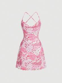 SHEIN MOD 碎花垂領露背交叉吊帶洋裝 - 粉色 - 查看 1
