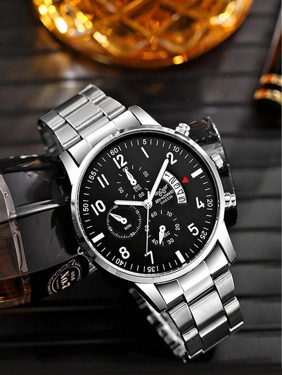 1 pieza Reloj de cuarzo de acero con banda triple de ojo falso de alta tecnología de moda para hombre, adecuado para uso diario, cumpleaños, aniversario, Halloween y otras festividades