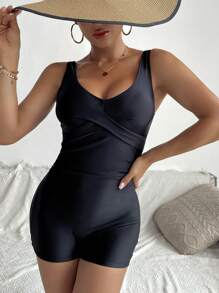 Swim SPRTY Summer Beach Solid One Piece Swimsuit - Black - View 2